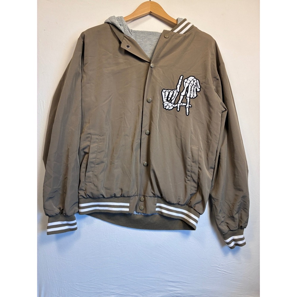 Original Deluxe Supply Men L Skeleton Hands Hooded Varsity Jacket Brown LA